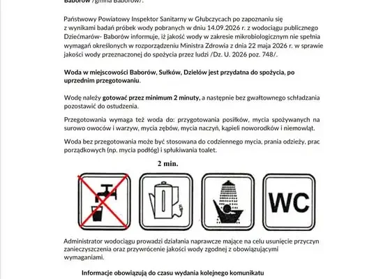 Uwaga mieszkańcy! Woda w wodociągu Dziećmarów–Baborów tylko po przegotowaniu