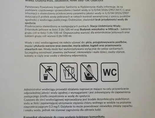 Uwaga! Woda z wodociągu Dobieszów niezdatna do spożycia