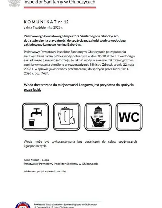 Woda z wodociągu Langowo w gminie Baborów znów przydatna do spożycia