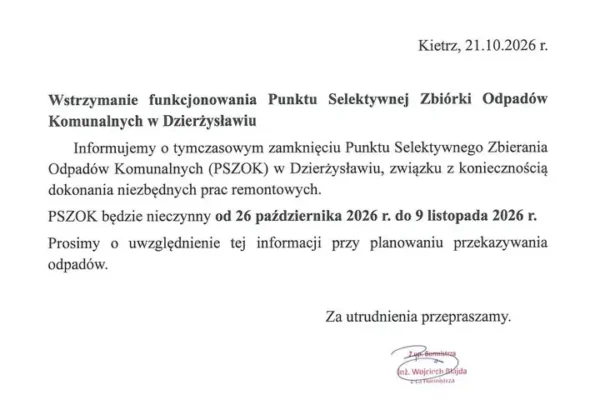 PSZOK w Dzierżysławiu zamknięty na dwa tygodnie. Powód: remont