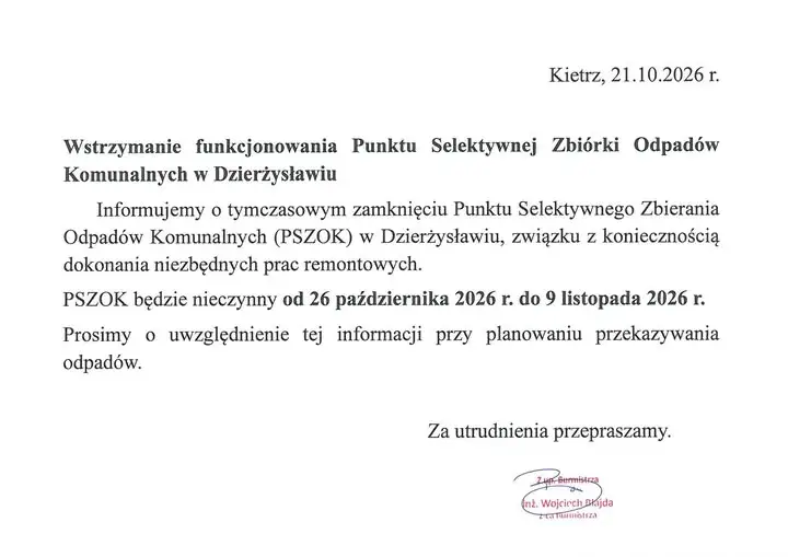 PSZOK w Dzierżysławiu zamknięty na dwa tygodnie. Powód: remont